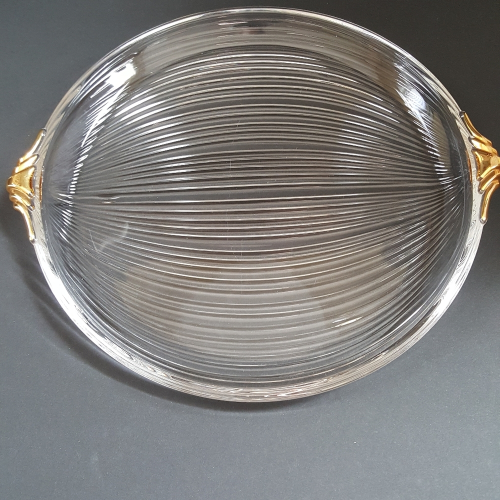 Vintage Glass Ribbed Serving Platter Gold Handles